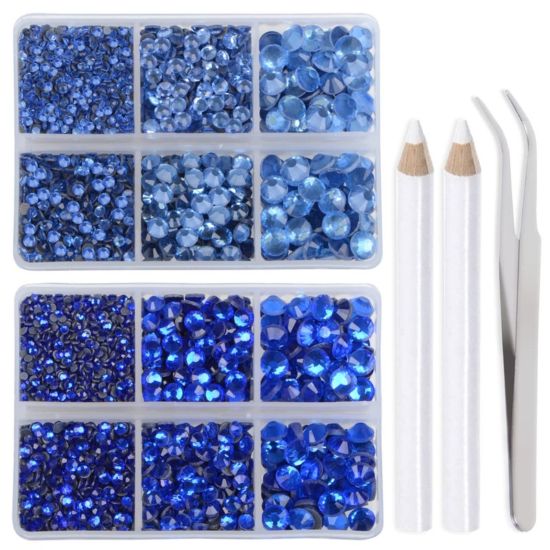LPBeads 6400 Pieces Sapphire and lt Sapphire Hotfix Rhinestones Flat Back 5 Mixed Sizes Crystal Round Glass Gems with Tweezers and Picking Rhinestones Pen - Image 1